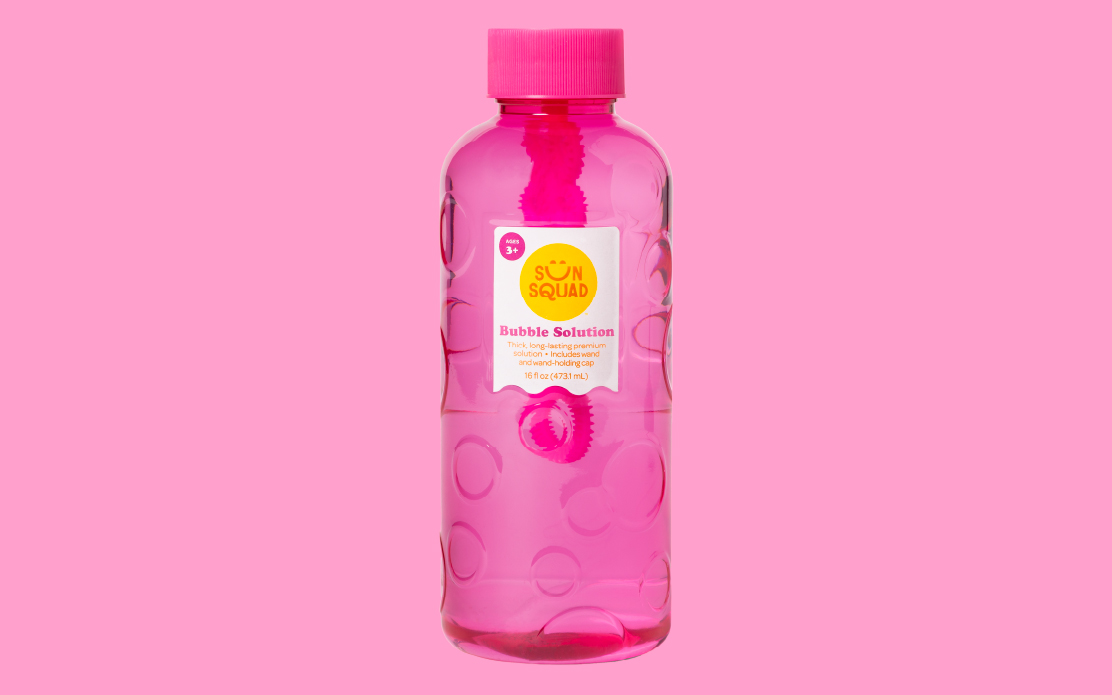 a pink bottle of bubbles