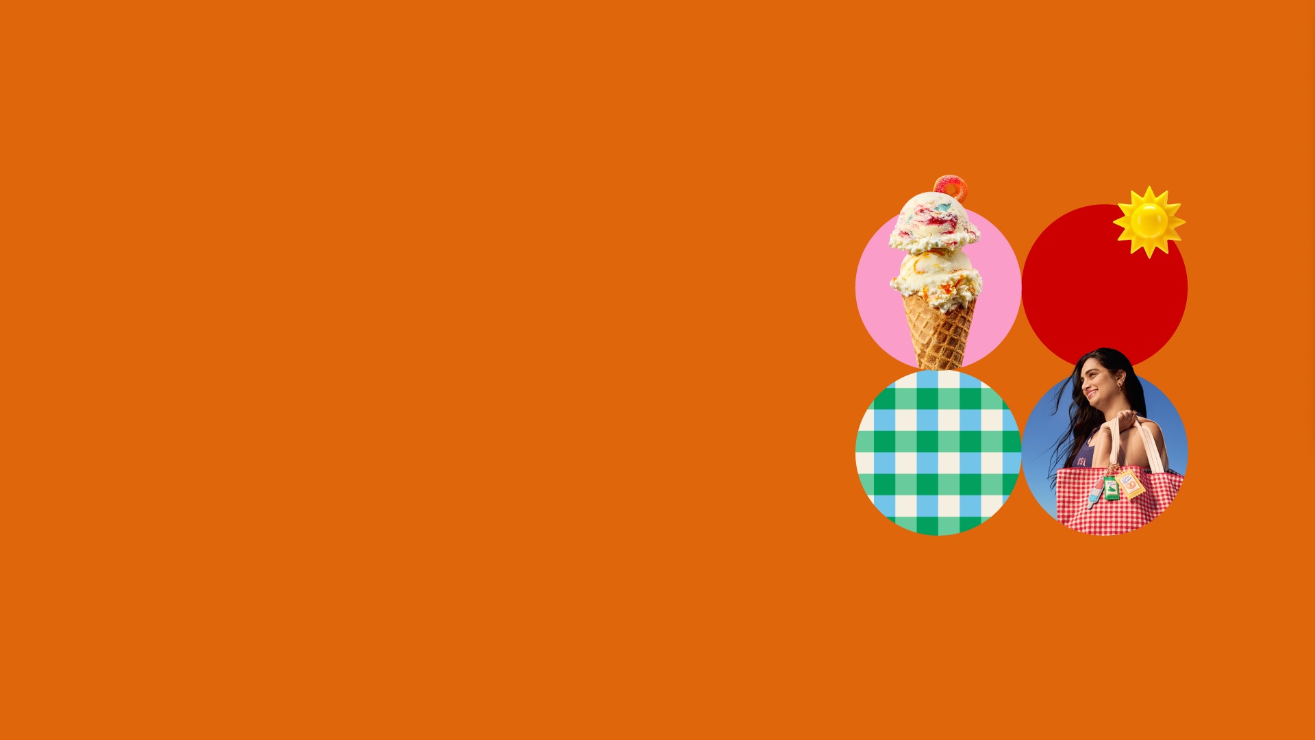 Bright orange feature image with colorful circles featuring an ice cream cone, sun icon and a guest holding a red beach bag.